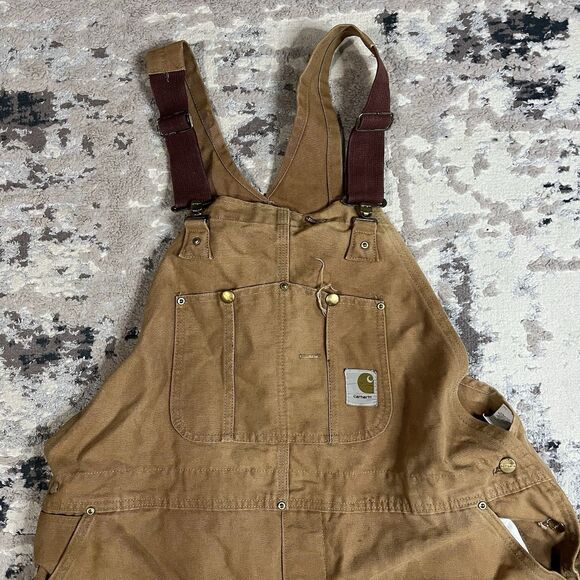 Vintage Carhartt Bib Carpenter Overalls Mens 46x34 Brown Duck Double Knee USA - Picture 2 of 16